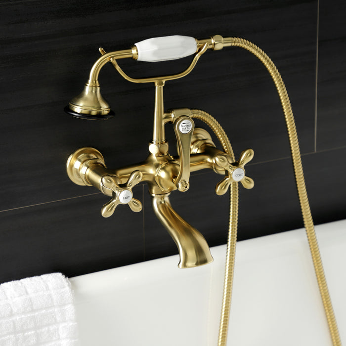 Kingston Heirloom AE557T7 - Aqua Vintage Three-Handle 2-Hole Tub Wall Mount Clawfoot Tub Faucet with Hand Shower, Brushed Brass