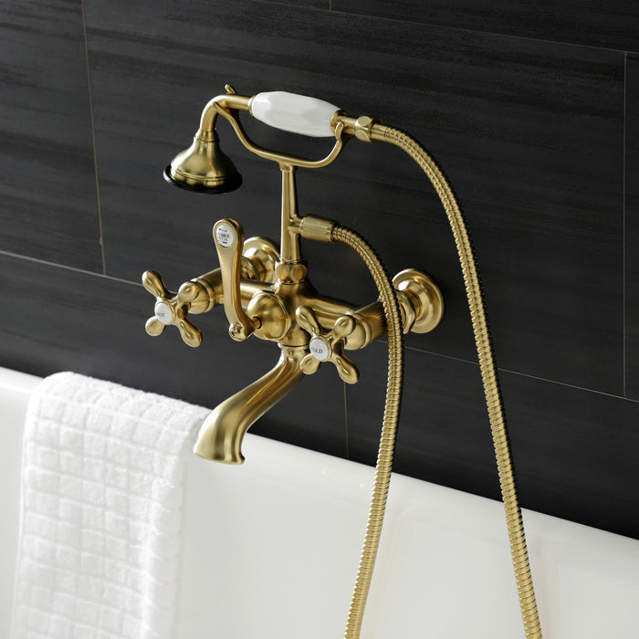 Kingston Heirloom AE557T7 - Aqua Vintage Three-Handle 2-Hole Tub Wall Mount Clawfoot Tub Faucet with Hand Shower, Brushed Brass