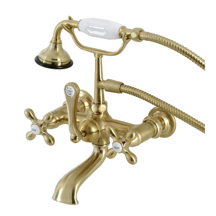 Kingston Heirloom AE557T7 - Aqua Vintage Three-Handle 2-Hole Tub Wall Mount Clawfoot Tub Faucet with Hand Shower, Brushed Brass