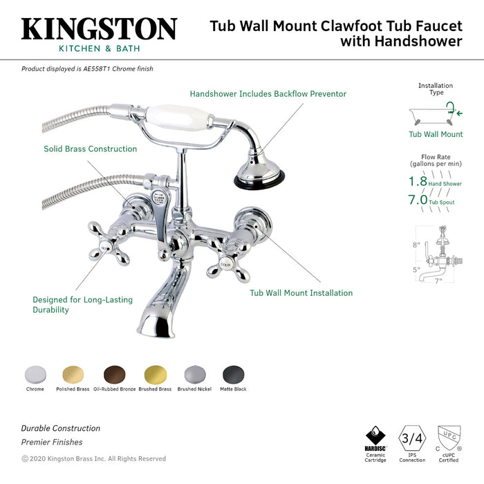 Kingston Heirloom AE558T1 - Aqua Vintage Three-Handle 2-Hole Tub Wall Mount Clawfoot Tub Faucet with Hand Shower, Polished Chrome