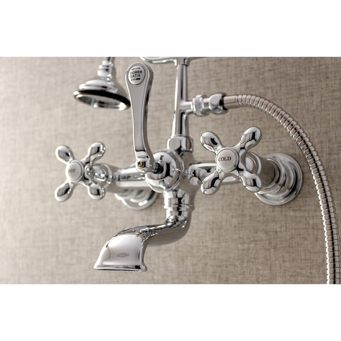 Kingston Heirloom AE558T1 - Aqua Vintage Three-Handle 2-Hole Tub Wall Mount Clawfoot Tub Faucet with Hand Shower, Polished Chrome