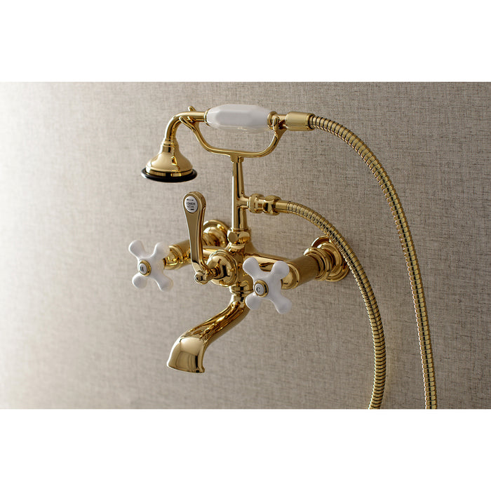 Kingston Heirloom AE559T2 - Aqua Vintage Three-Handle 2-Hole Tub Wall Mount Clawfoot Tub Faucet with Hand Shower, Polished Brass