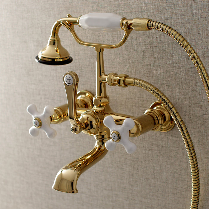 Aqua Vintage AE559T2 Three-Handle 2-Hole Tub Wall Mount Clawfoot Tub Faucet with Hand Shower, Polished Brass