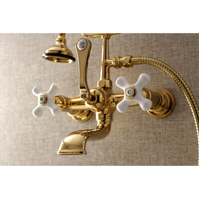 Kingston Heirloom AE559T2 - Aqua Vintage Three-Handle 2-Hole Tub Wall Mount Clawfoot Tub Faucet with Hand Shower, Polished Brass