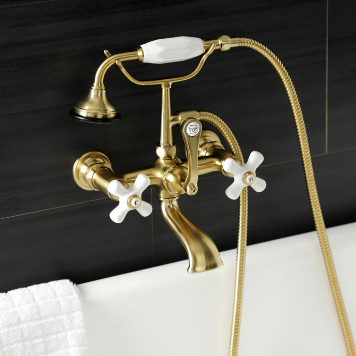 Kingston Heirloom AE559T7 - Aqua Vintage Three-Handle 2-Hole Tub Wall Mount Clawfoot Tub Faucet with Hand Shower, Brushed Brass