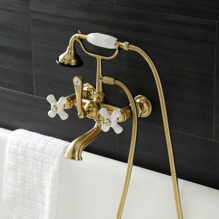 Aqua Vintage AE559T7 Three-Handle 2-Hole Tub Wall Mount Clawfoot Tub Faucet with Hand Shower, Brushed Brass