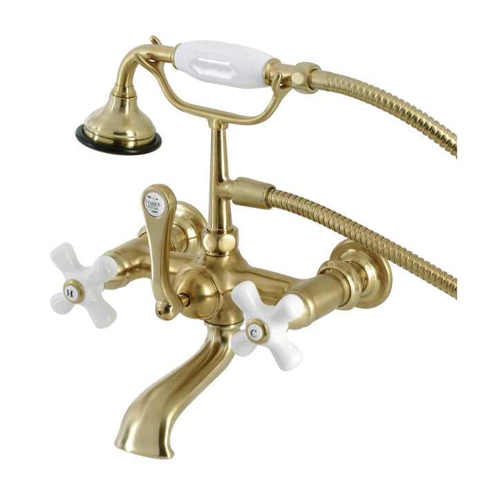 Kingston Heirloom AE559T7 - Aqua Vintage Three-Handle 2-Hole Tub Wall Mount Clawfoot Tub Faucet with Hand Shower, Brushed Brass