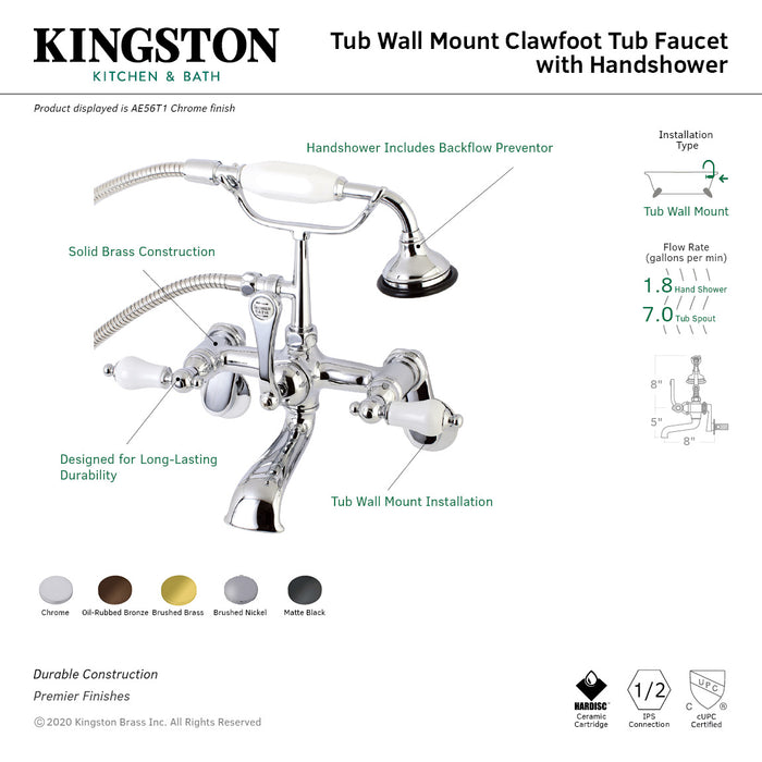 Kingston Heirloom AE55T0 - Aqua Vintage Three-Handle 2-Hole Tub Wall Mount Clawfoot Tub Faucet with Hand Shower, Matte Black