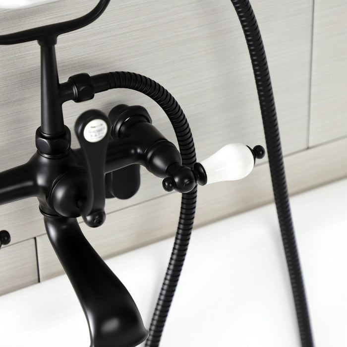 Kingston Heirloom AE55T0 - Aqua Vintage Three-Handle 2-Hole Tub Wall Mount Clawfoot Tub Faucet with Hand Shower, Matte Black