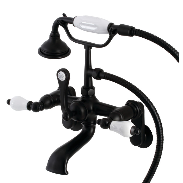 Kingston Heirloom AE55T0 - Aqua Vintage Three-Handle 2-Hole Tub Wall Mount Clawfoot Tub Faucet with Hand Shower, Matte Black