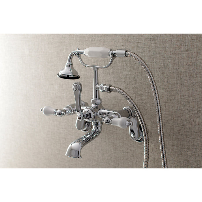 Kingston Heirloom AE56T1 - Aqua Vintage Three-Handle 2-Hole Tub Wall Mount Clawfoot Tub Faucet with Hand Shower, Polished Chrome