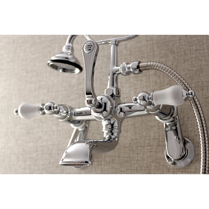 Kingston Heirloom AE56T1 - Aqua Vintage Three-Handle 2-Hole Tub Wall Mount Clawfoot Tub Faucet with Hand Shower, Polished Chrome