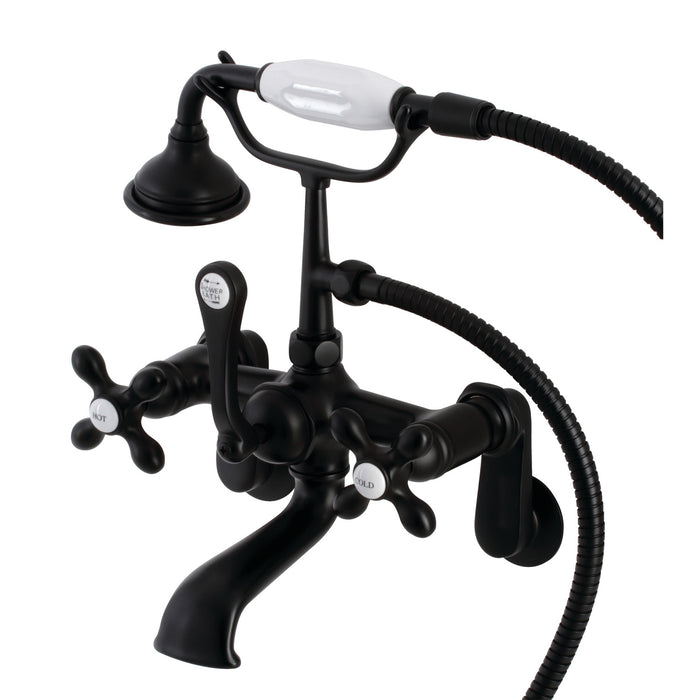 Kingston Heirloom AE57T0 - Aqua Vintage Three-Handle 2-Hole Tub Wall Mount Clawfoot Tub Faucet with Hand Shower, Matte Black