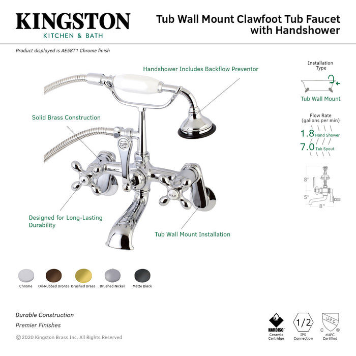 Kingston Heirloom AE57T8 - Aqua Vintage Three-Handle 2-Hole Tub Wall Mount Clawfoot Tub Faucet with Hand Shower, Brushed Nickel