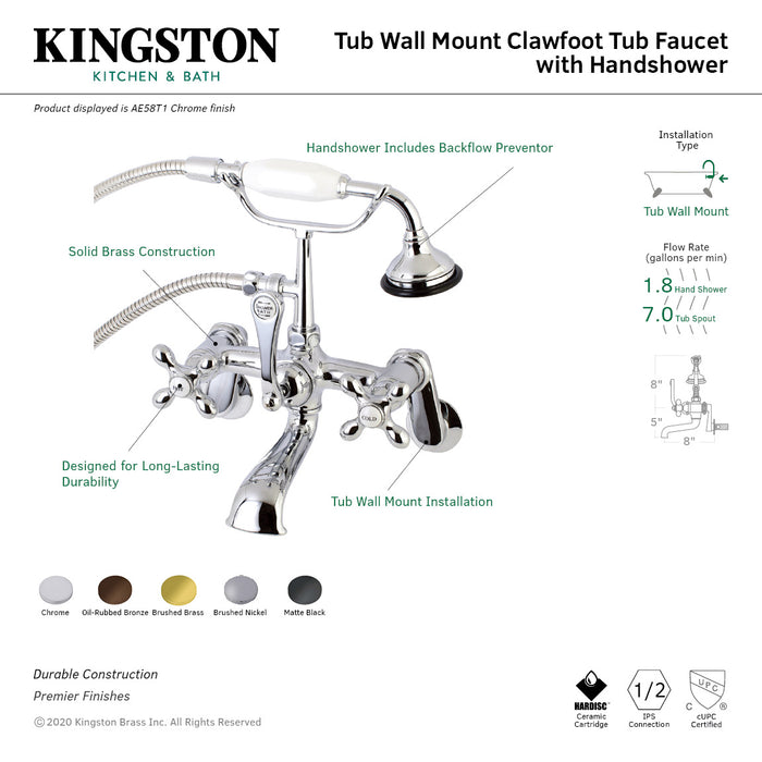 Aqua Vintage AE57T8 Three-Handle 2-Hole Tub Wall Mount Clawfoot Tub Faucet with Hand Shower, Brushed Nickel
