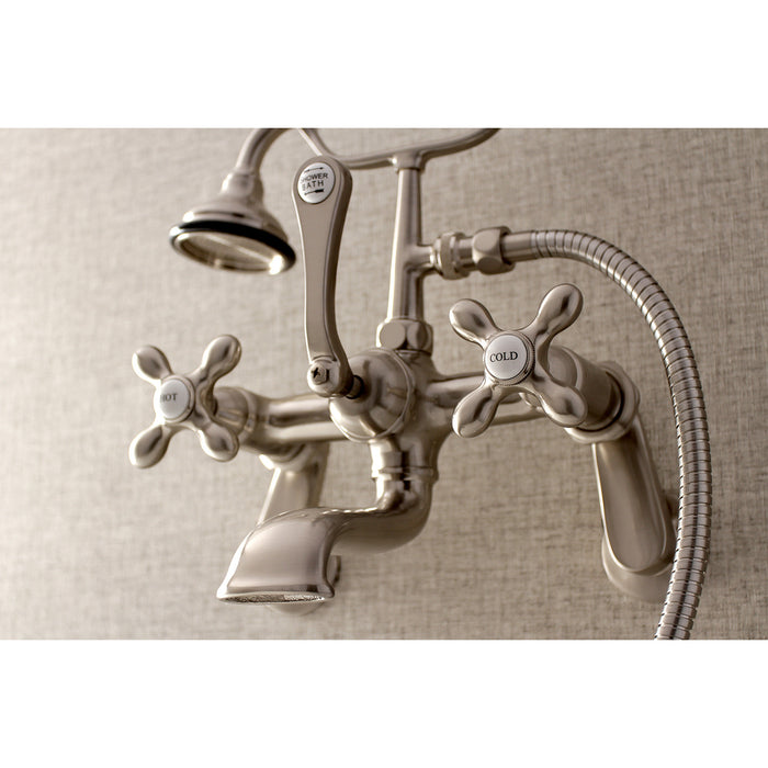 Kingston Heirloom AE57T8 - Aqua Vintage Three-Handle 2-Hole Tub Wall Mount Clawfoot Tub Faucet with Hand Shower, Brushed Nickel