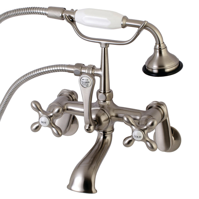 Kingston Heirloom AE57T8 - Aqua Vintage Three-Handle 2-Hole Tub Wall Mount Clawfoot Tub Faucet with Hand Shower, Brushed Nickel