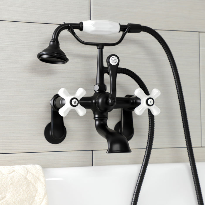 Kingston Heirloom AE59T0 - Aqua Vintage Three-Handle 2-Hole Tub Wall Mount Clawfoot Tub Faucet with Hand Shower, Matte Black