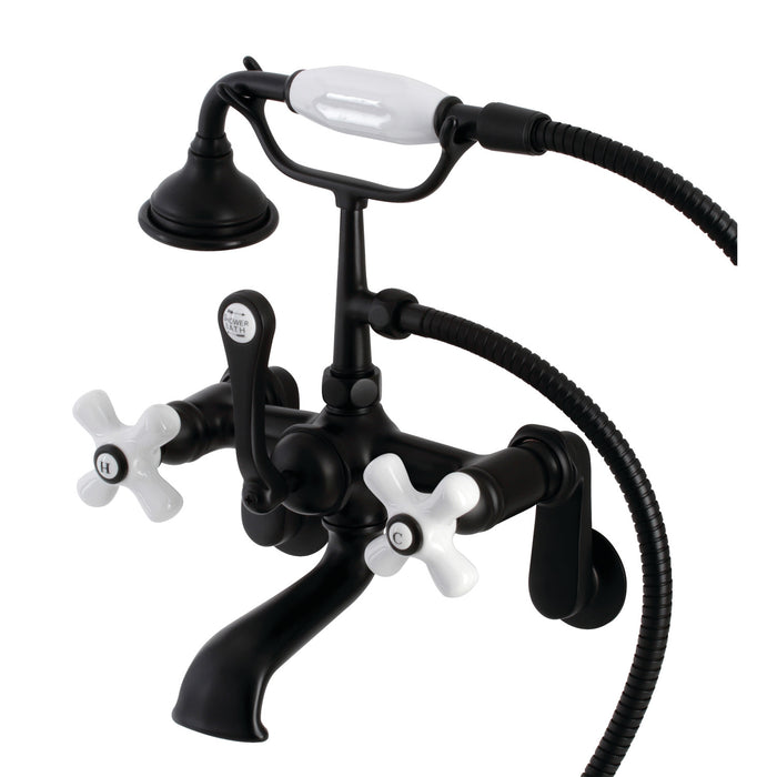 Kingston Heirloom AE59T0 - Aqua Vintage Three-Handle 2-Hole Tub Wall Mount Clawfoot Tub Faucet with Hand Shower, Matte Black