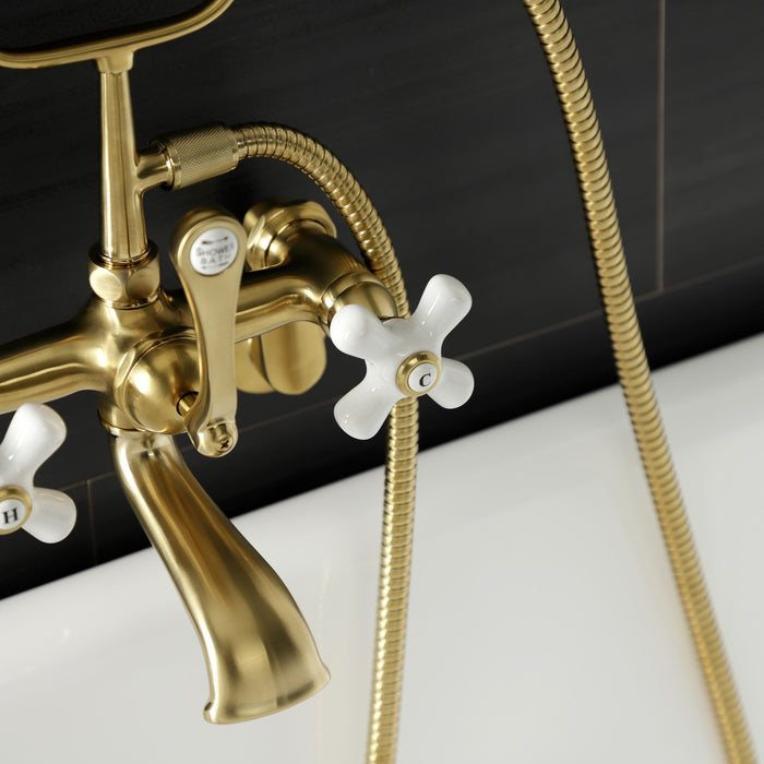 Kingston Heirloom AE59T7 - Aqua Vintage Three-Handle 2-Hole Tub Wall Mount Clawfoot Tub Faucet with Hand Shower, Brushed Brass