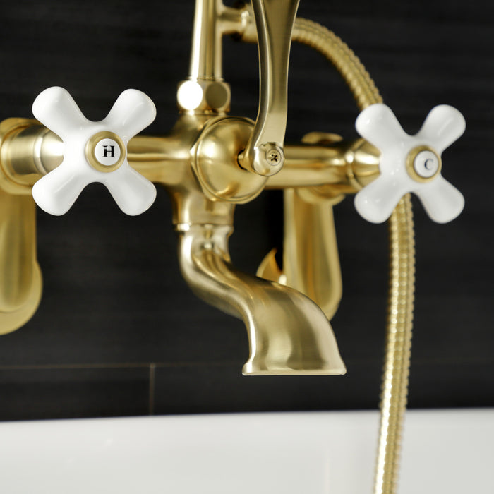 Kingston Heirloom AE59T7 - Aqua Vintage Three-Handle 2-Hole Tub Wall Mount Clawfoot Tub Faucet with Hand Shower, Brushed Brass