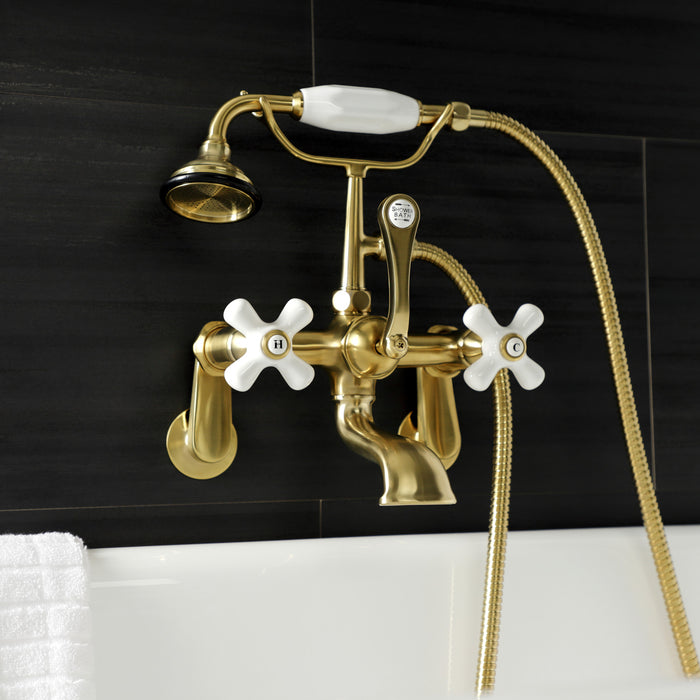 Aqua Vintage AE59T7 Three-Handle 2-Hole Tub Wall Mount Clawfoot Tub Faucet with Hand Shower, Brushed Brass