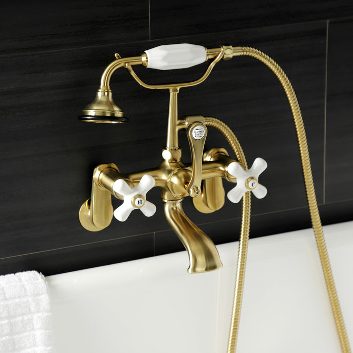 Kingston Heirloom AE59T7 - Aqua Vintage Three-Handle 2-Hole Tub Wall Mount Clawfoot Tub Faucet with Hand Shower, Brushed Brass