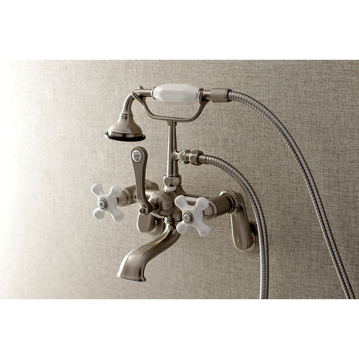 Kingston Heirloom AE59T8 - Aqua Vintage Three-Handle 2-Hole Tub Wall Mount Clawfoot Tub Faucet with Hand Shower, Brushed Nickel