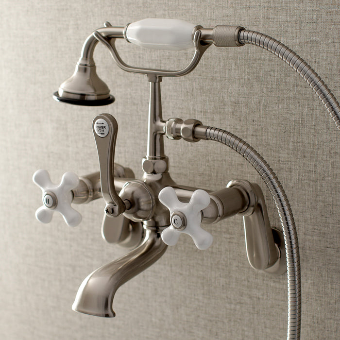 Kingston Heirloom AE59T8 - Aqua Vintage Three-Handle 2-Hole Tub Wall Mount Clawfoot Tub Faucet with Hand Shower, Brushed Nickel