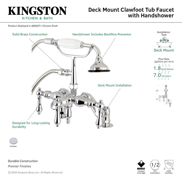 Kingston Heirloom AE620T1 - Vintage Three-Handle 2-Hole Deck-Mount Clawfoot Tub Faucet with Hand Shower, Polished Chrome