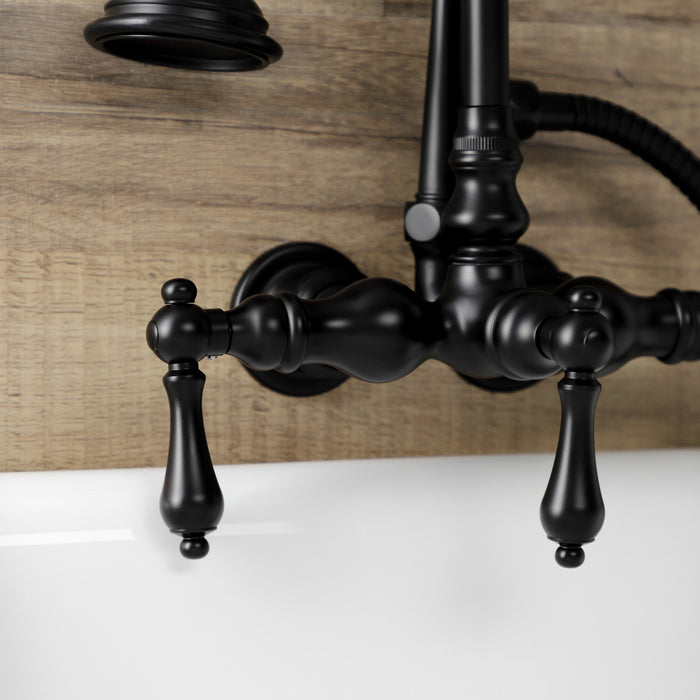 Kingston Heirloom AE7T0 - Aqua Vintage Three-Handle 2-Hole Tub Wall Mount Clawfoot Tub Faucet with Hand Shower, Matte Black