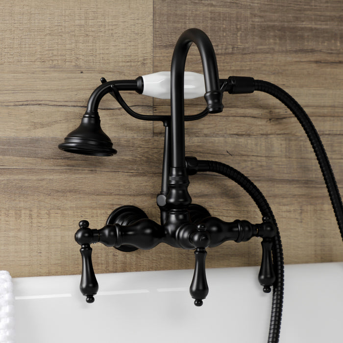 Kingston Heirloom AE7T0 - Aqua Vintage Three-Handle 2-Hole Tub Wall Mount Clawfoot Tub Faucet with Hand Shower, Matte Black