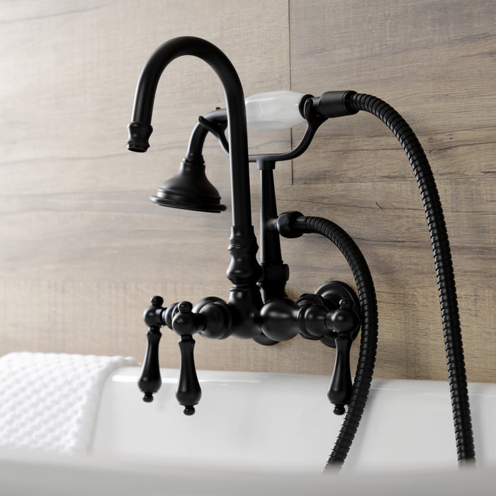 Kingston Heirloom AE7T0 - Aqua Vintage Three-Handle 2-Hole Tub Wall Mount Clawfoot Tub Faucet with Hand Shower, Matte Black
