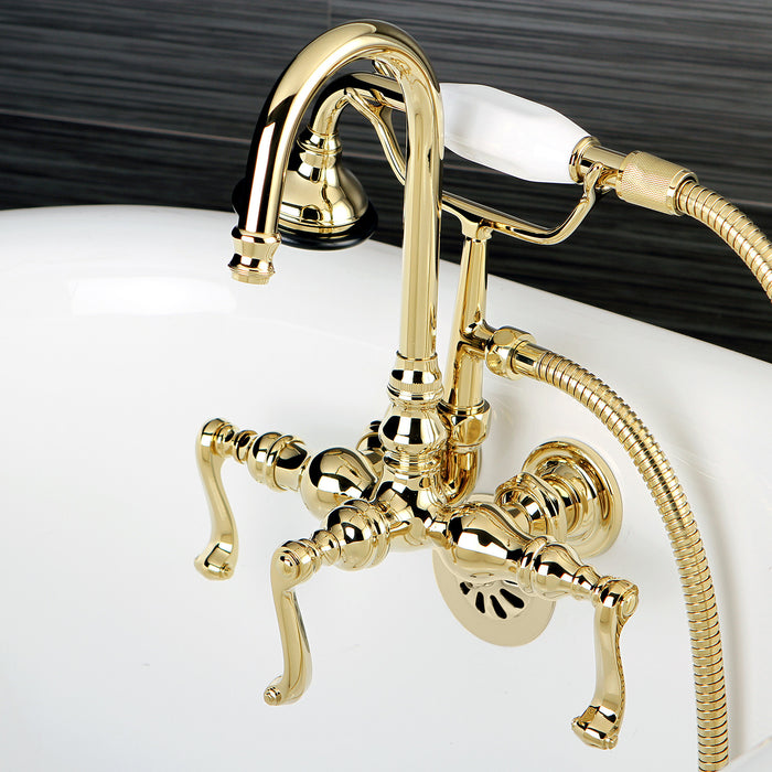 Kingston Tulare AE7T2FL - Royale Three-Handle 2-Hole Tub Wall Mount Clawfoot Tub Faucet with Hand Shower, Polished Brass