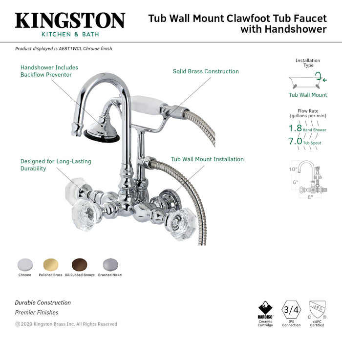 Kingston Heirloom AE7T2WCL - Celebrity Three-Handle 2-Hole Tub Wall Mount Clawfoot Tub Faucet with Hand Shower, Polished Brass