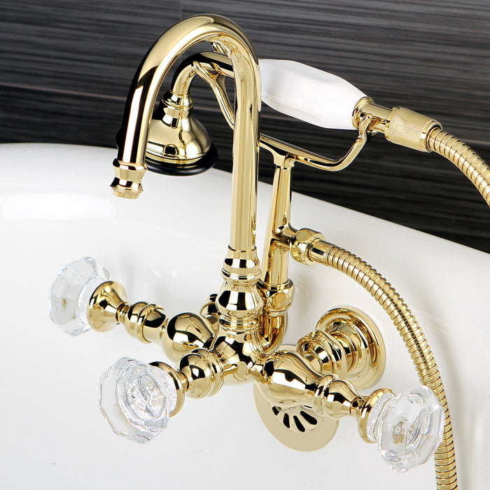 Kingston Heirloom AE7T2WCL - Celebrity Three-Handle 2-Hole Tub Wall Mount Clawfoot Tub Faucet with Hand Shower, Polished Brass