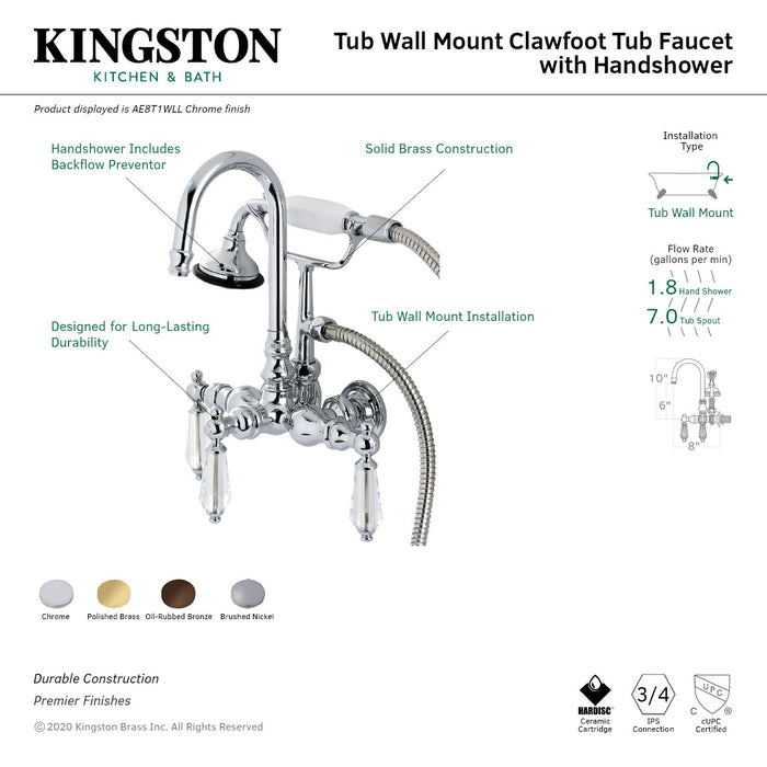 Wilshire AE7T2WLL Three-Handle 2-Hole Tub Wall Mount Clawfoot Tub Faucet with Hand Shower, Polished Brass