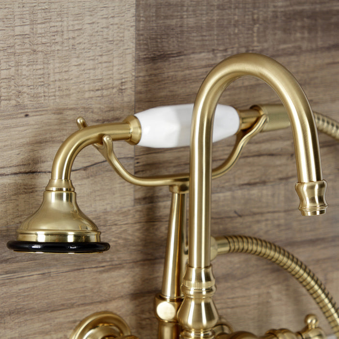 Kingston Heirloom AE7T7WLL - Wilshire Three-Handle 2-Hole Tub Wall Mount Clawfoot Tub Faucet with Hand Shower, Brushed Brass