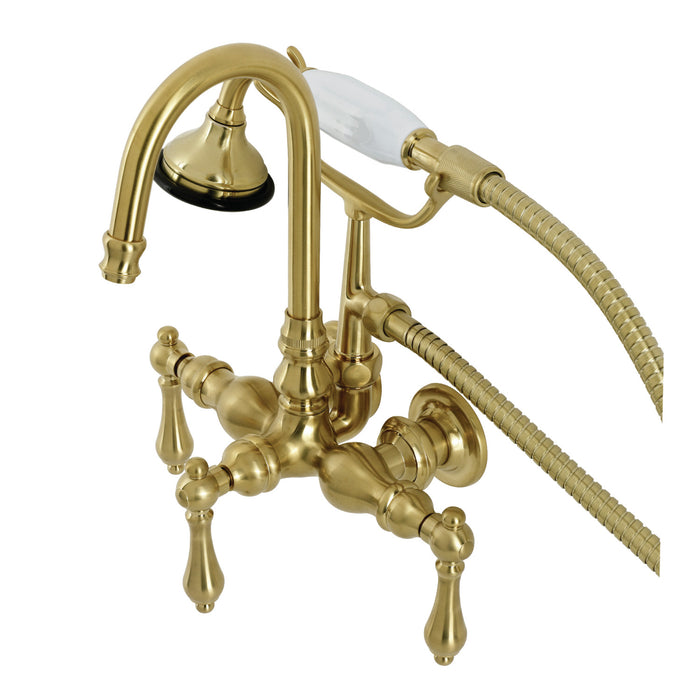 Kingston Heirloom AE7T7 - Aqua Vintage Three-Handle 2-Hole Tub Wall Mount Clawfoot Tub Faucet with Hand Shower, Brushed Brass