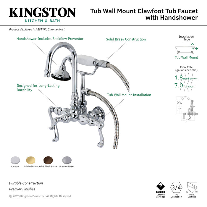 Kingston Tulare AE7T8FL - Royale Three-Handle 2-Hole Tub Wall Mount Clawfoot Tub Faucet with Hand Shower, Brushed Nickel