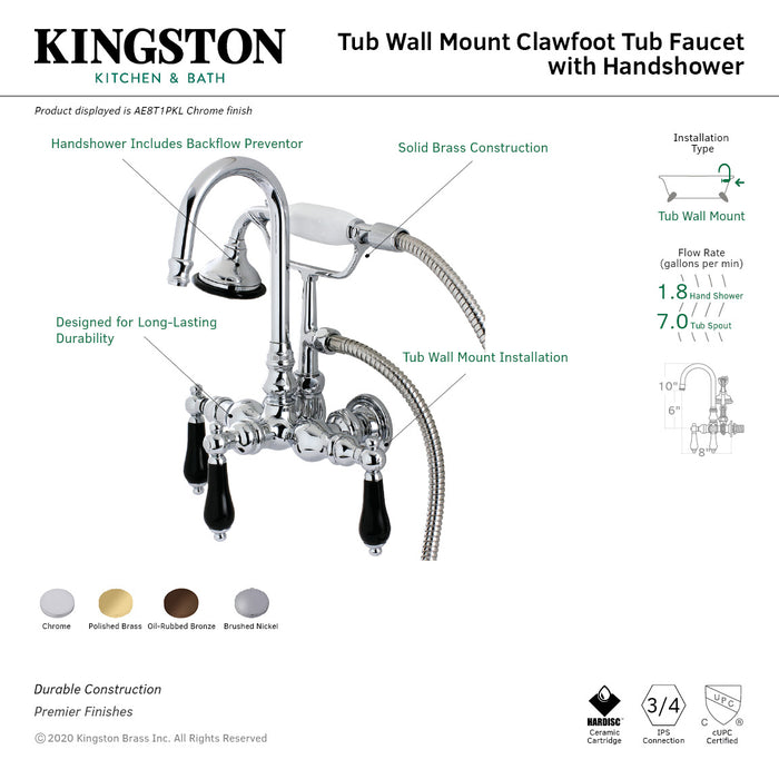 Duchess AE7T8PKL Three-Handle 2-Hole Tub Wall Mount Clawfoot Tub Faucet with Hand Shower, Brushed Nickel