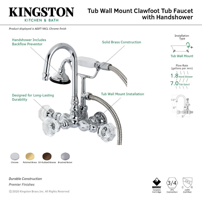 Celebrity AE7T8WCL Three-Handle 2-Hole Tub Wall Mount Clawfoot Tub Faucet with Hand Shower, Brushed Nickel