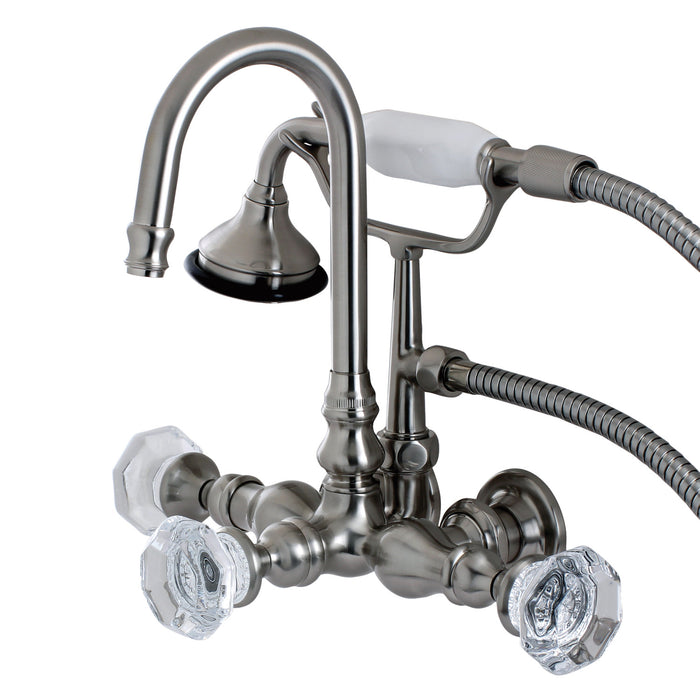 Kingston Heirloom AE7T8WCL - Celebrity Three-Handle 2-Hole Tub Wall Mount Clawfoot Tub Faucet with Hand Shower, Brushed Nickel