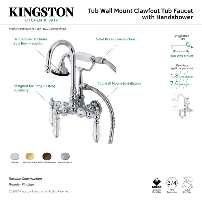 Kingston Heirloom AE7T8WLL - Wilshire Three-Handle 2-Hole Tub Wall Mount Clawfoot Tub Faucet with Hand Shower, Brushed Nickel