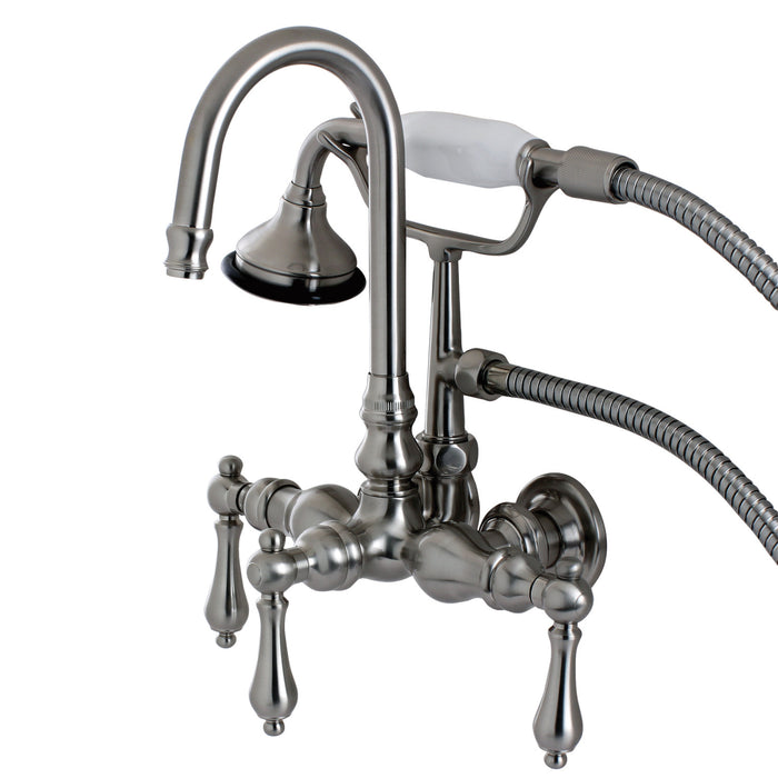 Kingston Heirloom AE7T8 - Aqua Vintage Three-Handle 2-Hole Tub Wall Mount Clawfoot Tub Faucet with Hand Shower, Brushed Nickel