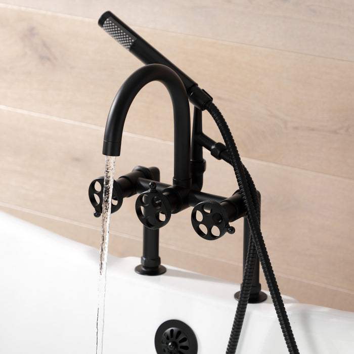 Kingston Sona AE8100RKX - Webb Three-Handle 2-Hole Deck-Mount Clawfoot Tub Faucet with Knurled Handle and Hand Shower, Matte Black