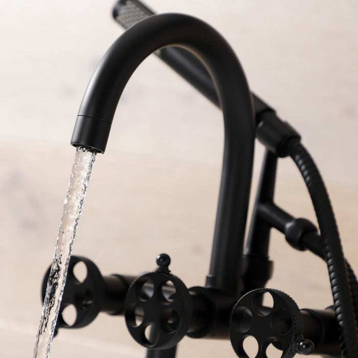 Kingston Sona AE8100RKX - Webb Three-Handle 2-Hole Deck-Mount Clawfoot Tub Faucet with Knurled Handle and Hand Shower, Matte Black