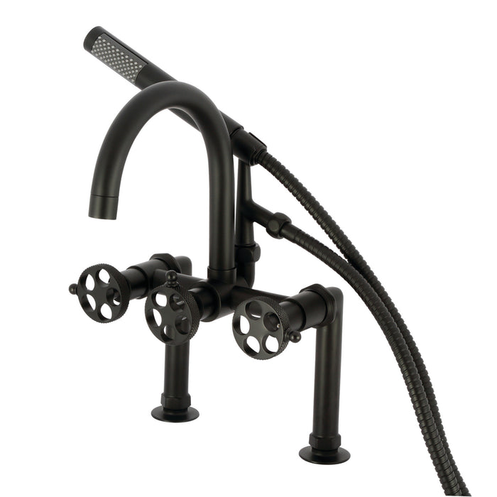 Kingston Sona AE8100RKX - Webb Three-Handle 2-Hole Deck-Mount Clawfoot Tub Faucet with Knurled Handle and Hand Shower, Matte Black