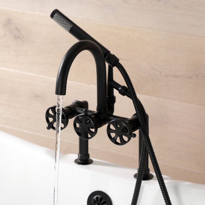 Kingston Sona AE8100RX - Belknap Three-Handle 2-Hole Deck-Mount Clawfoot Tub Faucet with Hand Shower, Matte Black