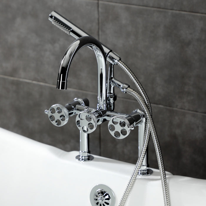 Kingston Sona AE8101RKX - Webb Three-Handle 2-Hole Deck-Mount Clawfoot Tub Faucet with Knurled Handle and Hand Shower, Polished Chrome